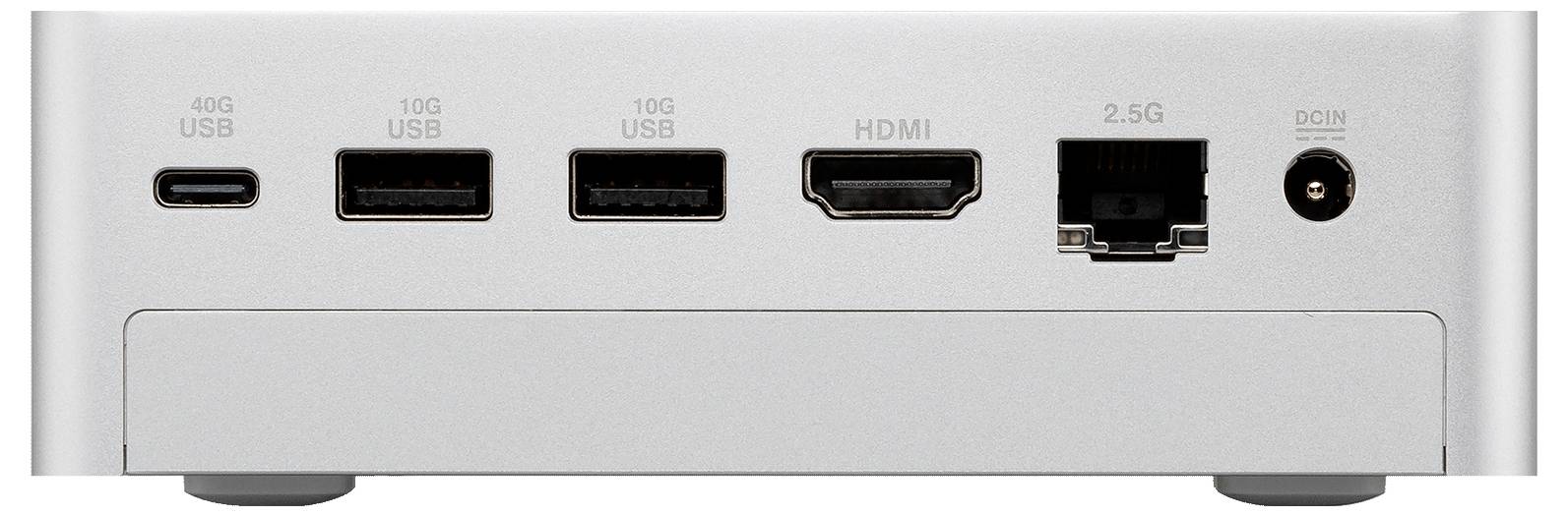 Bagside af en monitor med porte mærket 40G USB-C, 10G USB, HDMI, 2,5G Ethernet og DC-input.