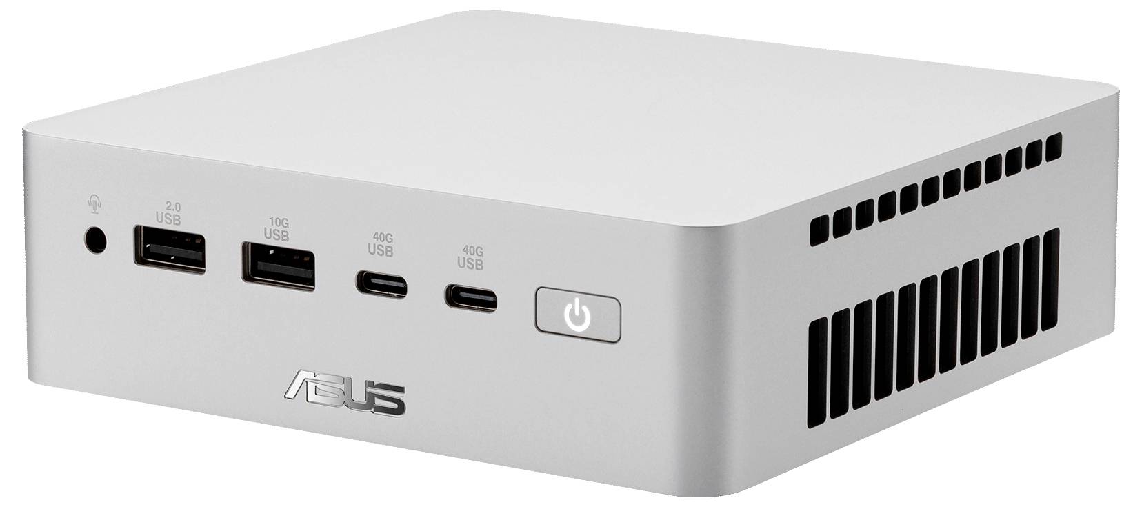Sølvfarvet ASUS mini desktop-computer med frontknap til strøm, USB-porte og ventilationsgitter på siden.