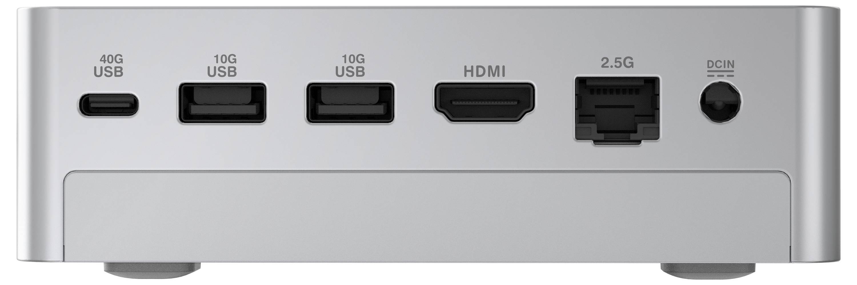 Bagsiden af en sølvfarvet enhed viser porte mærket 40G USB, 10G USB, 10G USB, HDMI, 2.5G Ethernet og DC IN.