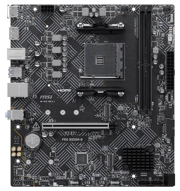 Ovenfra-nedadgående visning af et MSI PRO B550M-B-bundkort med CPU-socketafstand, RAM-slots, PCIe-slots og bagende I/O-porte synlige.