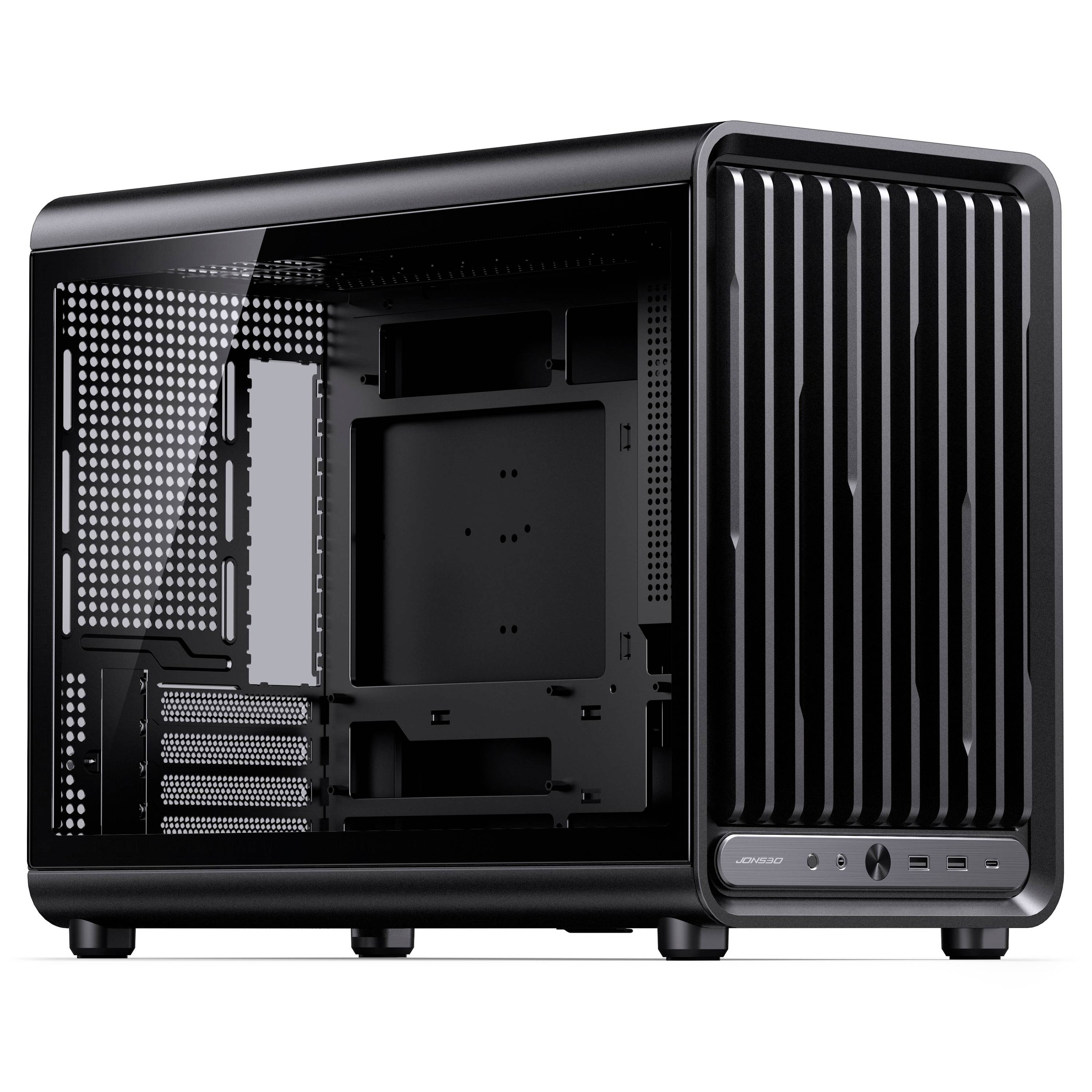 Sort computerhotel med et åbent sidepanel, der viser det tomme indre og frontgitter med strøm- og USB-porte.