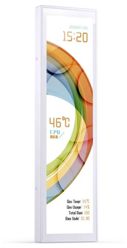 Høj hvid digital display, der viser tiden 15:20, datoen 2020/01/20, temperaturen 46°C og CPU-, GPU-, samlet RAM- og RAM-forbrugsstatistikker over en farverig abstrakt buegrafik.