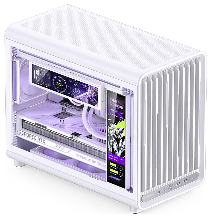 Hvid gaming pc-tower med transparent sidepanel, lilla-oplyst interior, RGB grafikkort og doble skærme, vist i et elegant kompakt kabinet.