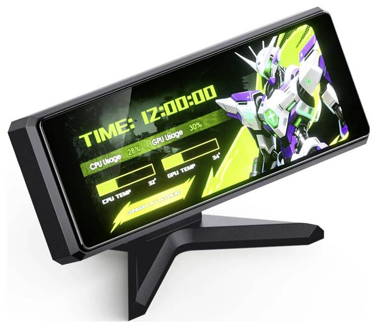 Lille skrå skrivebordsdisplay, der viser en futuristisk anime-inspireret interface med tid, CPU/GPU-forbrug, temperaturer og en spiltemaget robotgrafik.