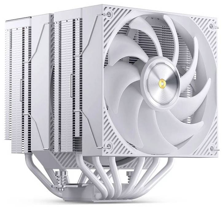 Sølv computerkøler til CPU med stor ventilator og flere varmerør på hvid baggrund.