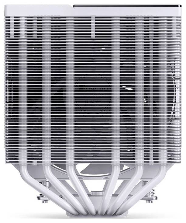 Frontvisning af en stor metalprocessor-køler med tæt fordelte vandrette ribber og buede varmerør i bunden.