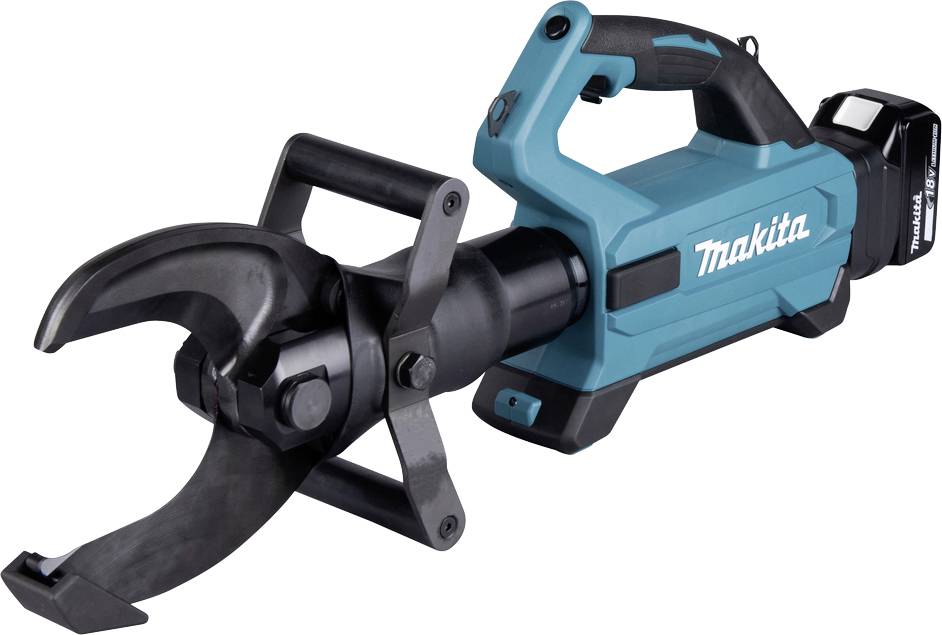 Trådløs Makita hydraulisk skærer med sorte skærejsker og blågrøn krop, vist isoleret på hvid baggrund.