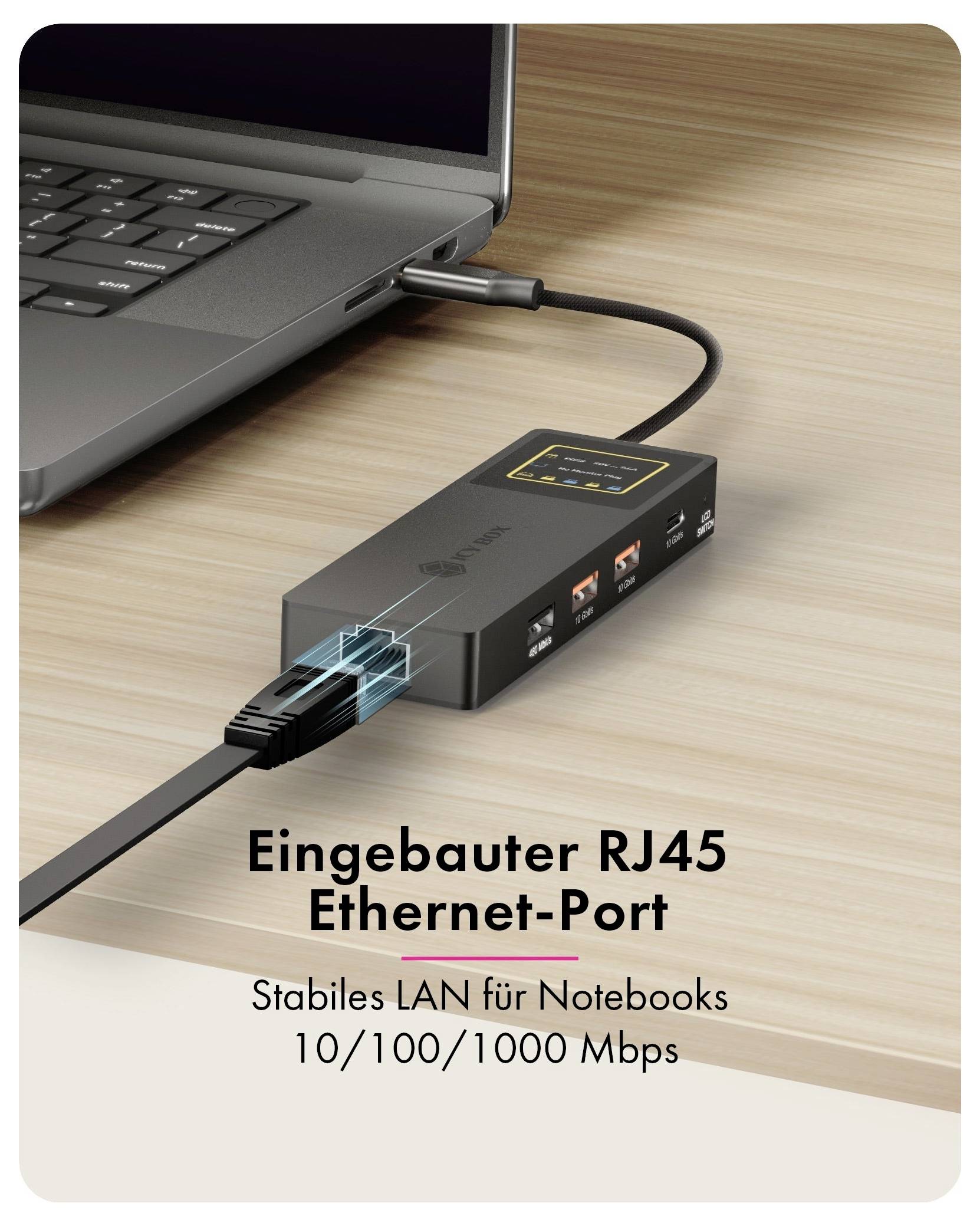 Bærbar computer forbundet til en USB-hub med indbygget RJ45 Ethernet-port; billedteksten siger "Indbygget RJ45 Ethernet-port" og "Stabil LAN til bærbare computere 10/100/1000 Mbps"