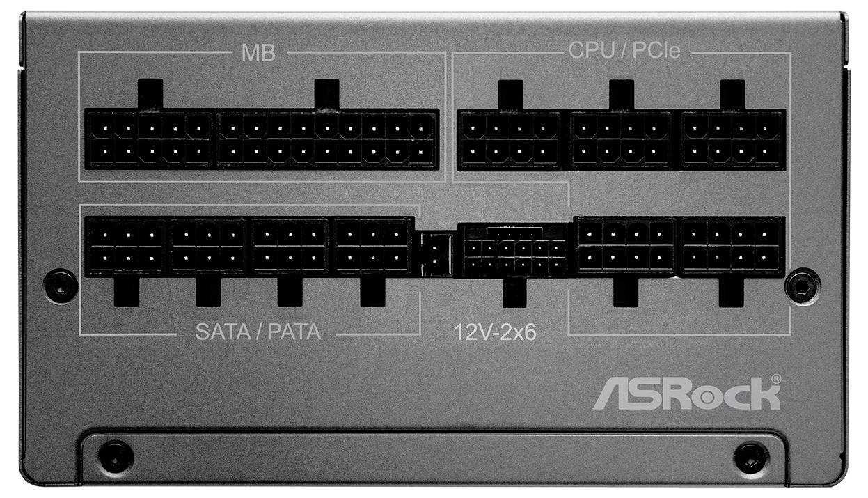 ASRock moduler strømforsyningspanel, der viser mærkede kabelporte til MB, CPU/PCIe, SATA/PATA og 12V-2x6-stik.
