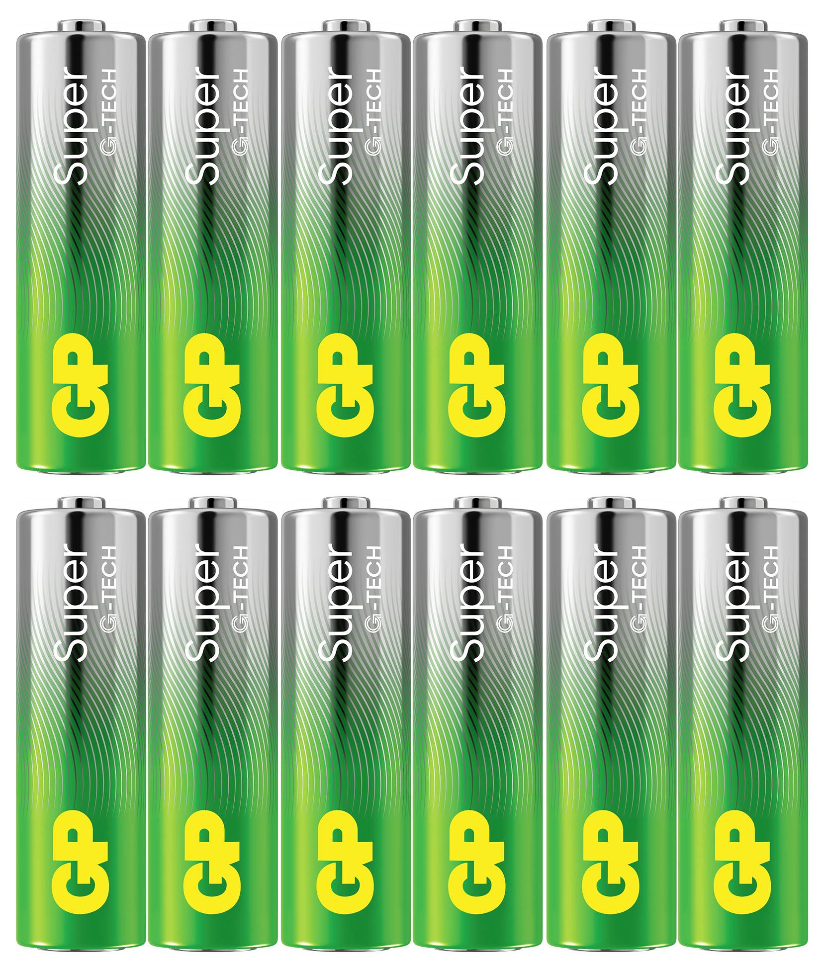 Tolv grøn-og-sølv Super Tech C batterier vist i to rækker, der viser produktemballagen.