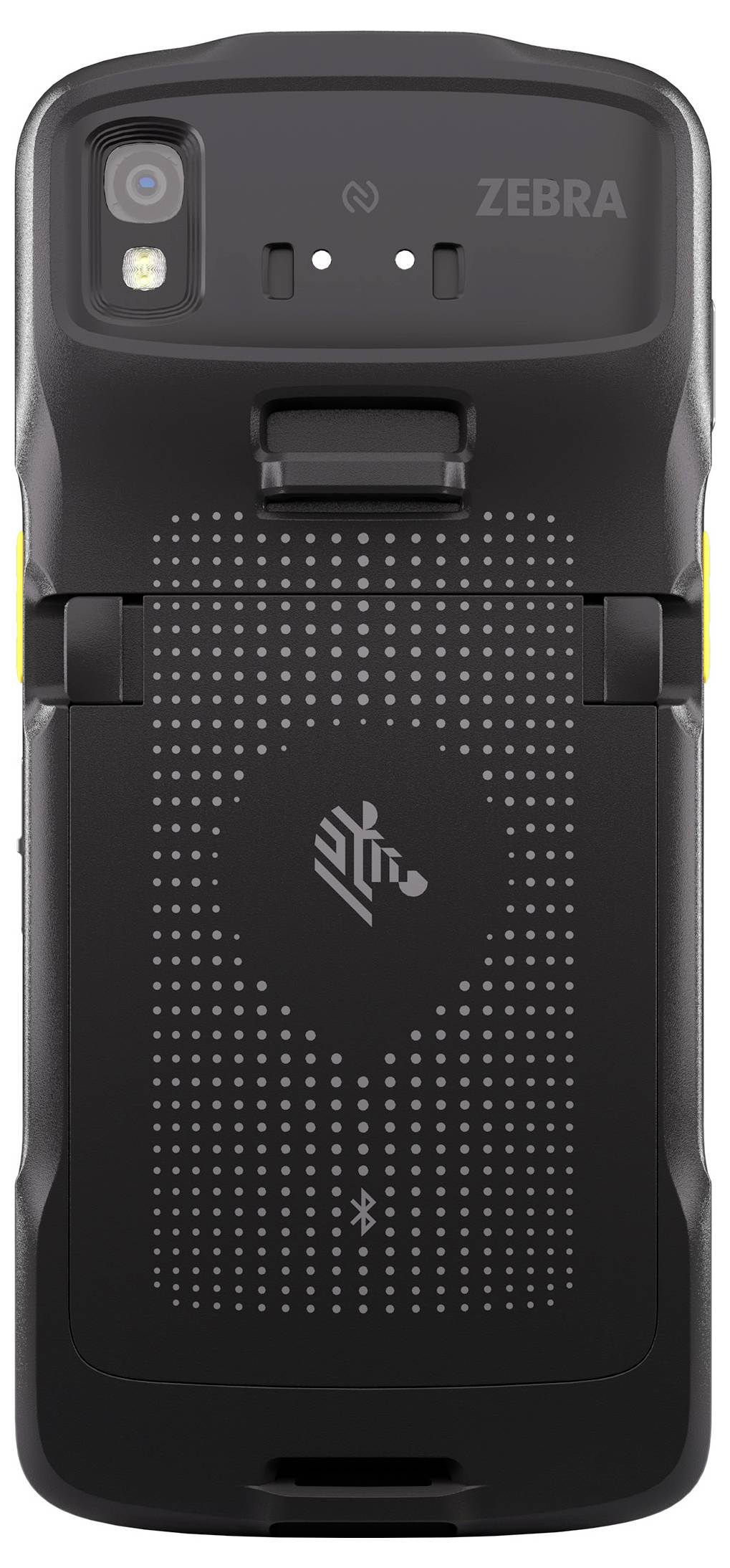 Frontal visning af en Zebra håndholdt mobilenhed med kamera og statusindikatorer øverst og et stort prikket højttaler- eller sensorområde på bagsiden.