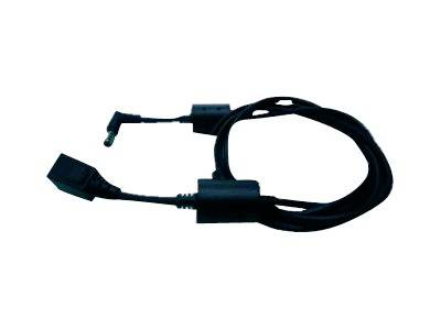 Sort elektronisk kabel med vinkelbøjede stik, rullet op på en hvid baggrund.