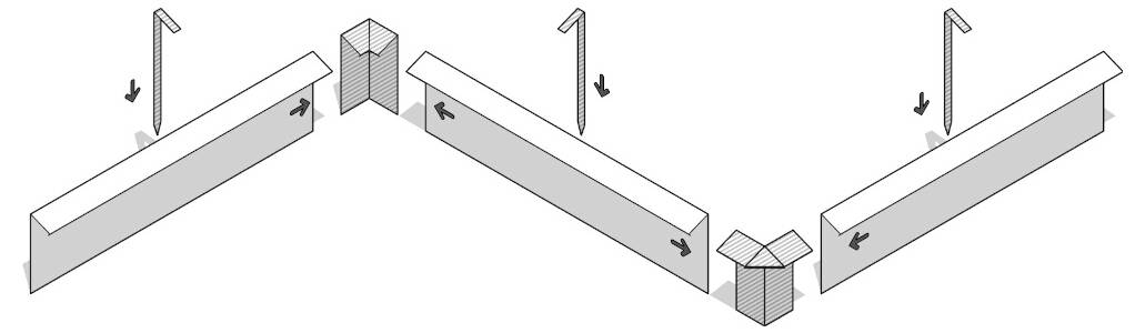 Diagram af foldbare sektionspaneler forbundet med hengsler i hjørnerne, som viser pile for løft og sænkning af de forbundne segmenter.