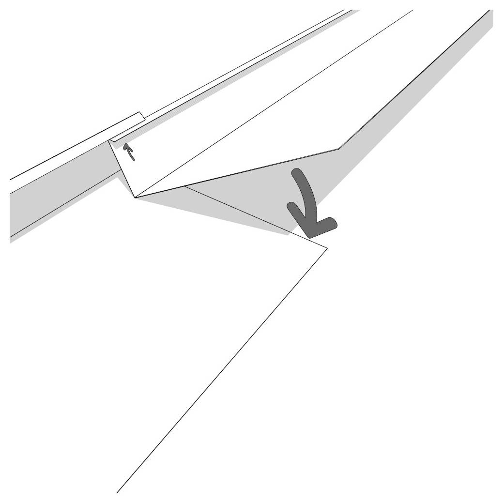 Diagram af et foldet papirhjørne, der bliver trukket nedad, som viser, hvordan man åbner eller folder en trekantet klap tilbage.