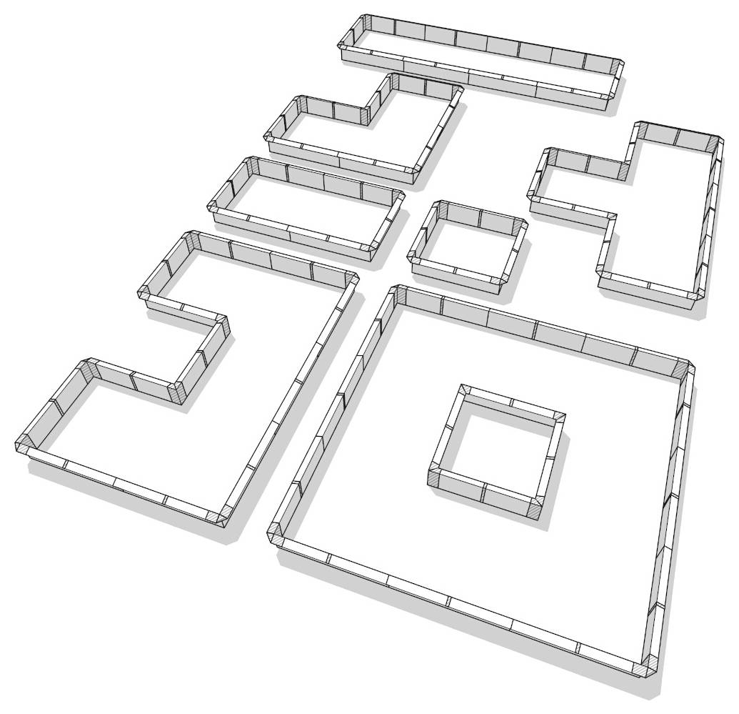 Isometrisk diagram af flere uafhængige vægkonturer, der danner rumlayout eller bygningsplan-sektioner på hvid baggrund.