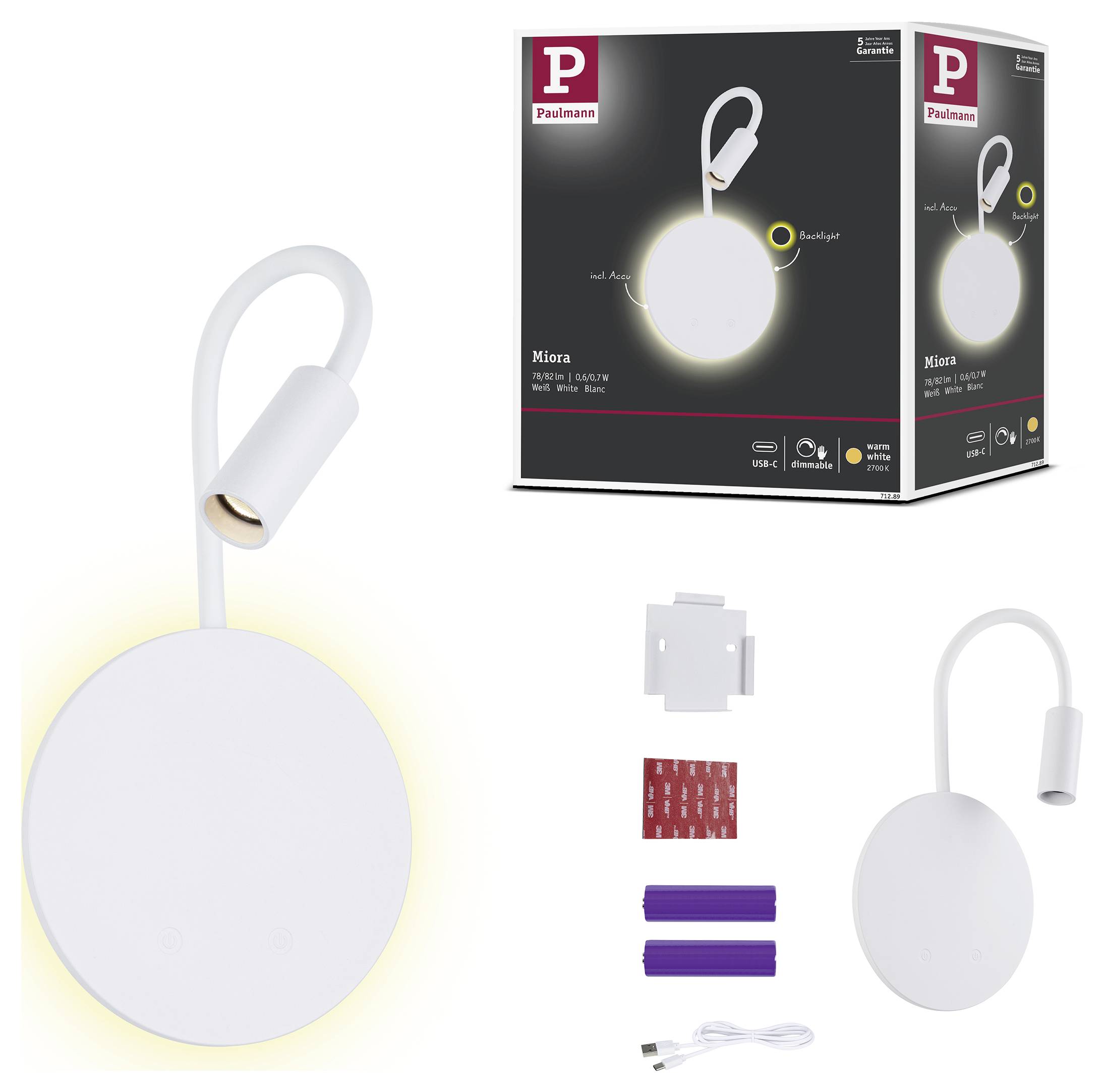 Produktbillede af et hvidt Paulmann 'Mira' LED-væglampe med glødende cirkulær diffusor, vist med emballage, monteringsdele og USB-kabel.