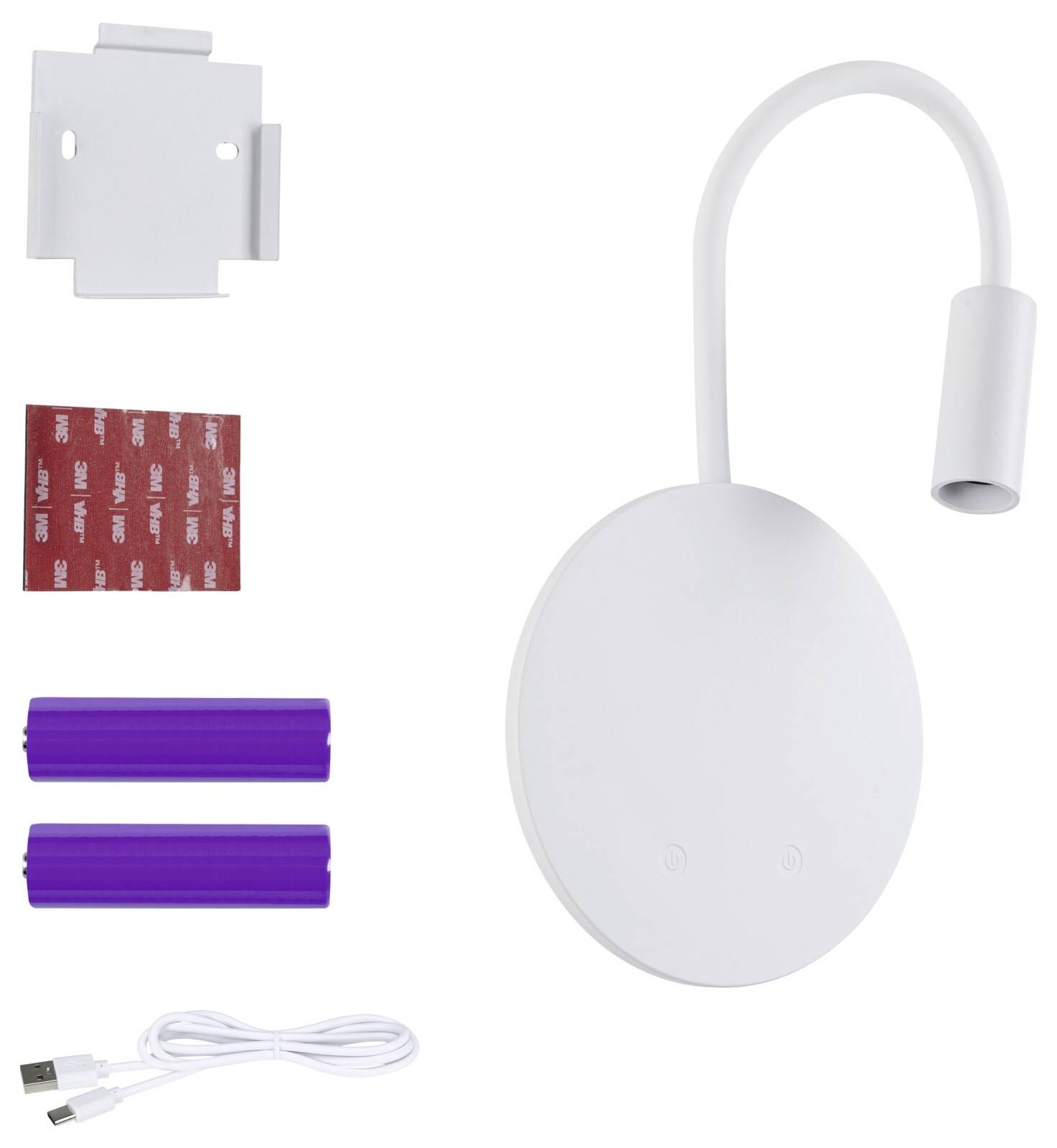 Hvidt LED-væglampe med fleksibel hals og rund base, vist med monteringsplade, klæbepude, lilla vægge-plugs og USB-opladningskabel.