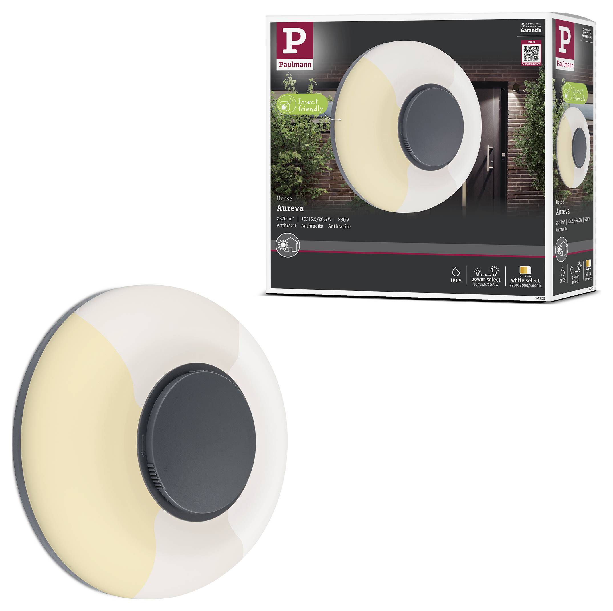Produktbillede af en rund Paulmann Aurrera væglampe i hvid og beige, vist sammen med dens detailhandelskasse.