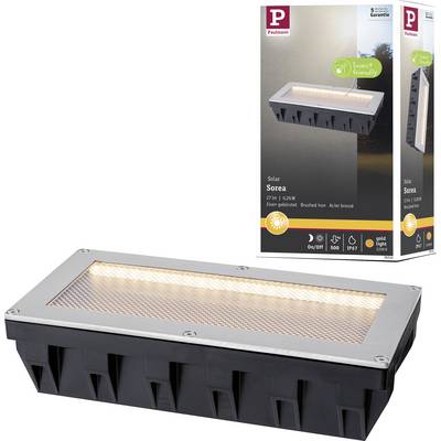 Produktfoto af et solcelledrevet rektangulært væglampe med børstet metaltopp, oplyst LED-stribe og mærketmærket emballage vist bagved det.