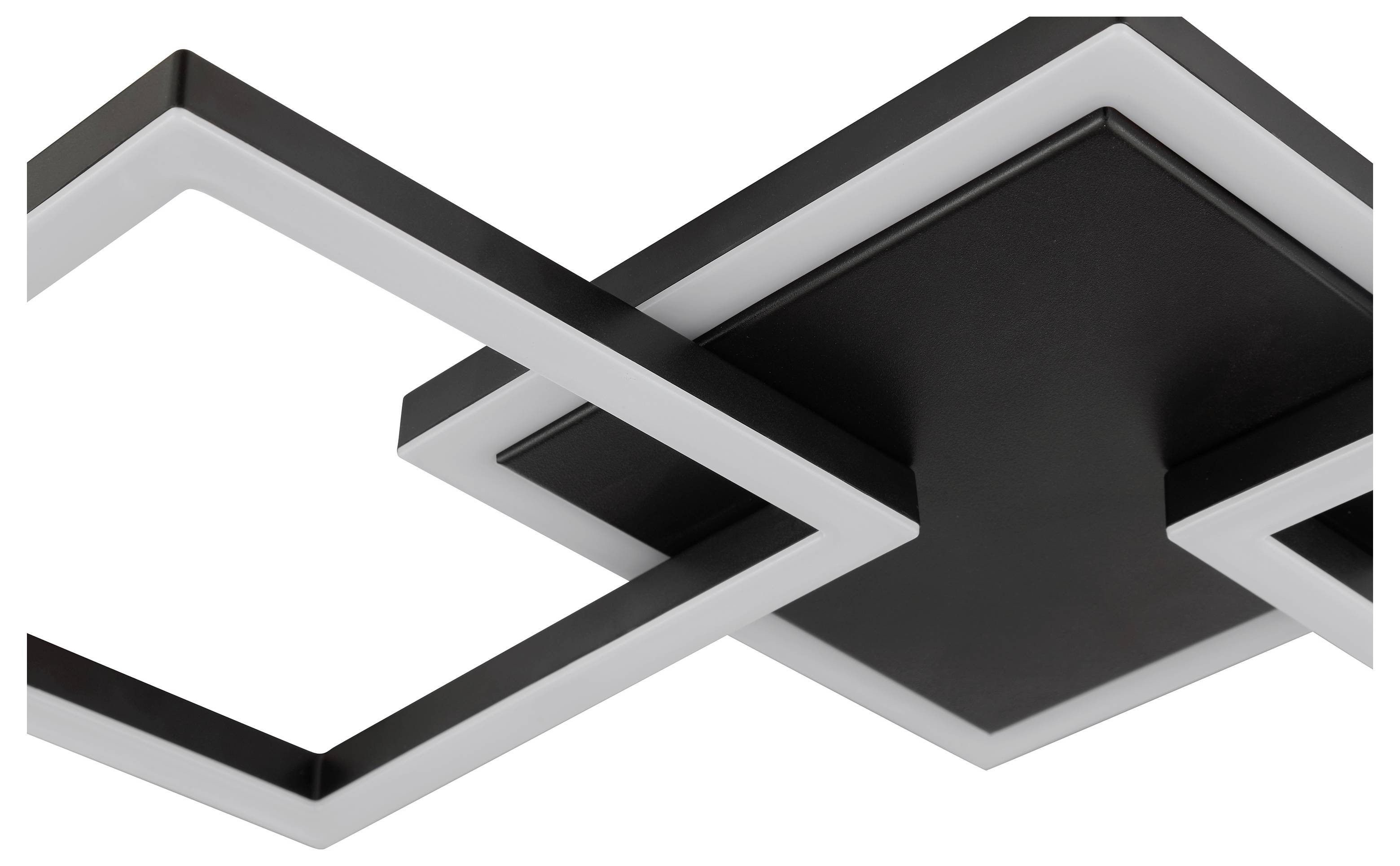 Moderne geometrisk LED-loftslampe med to overlappende kvadratiske rammer i sort, hvid og grå på en hvid baggrund.