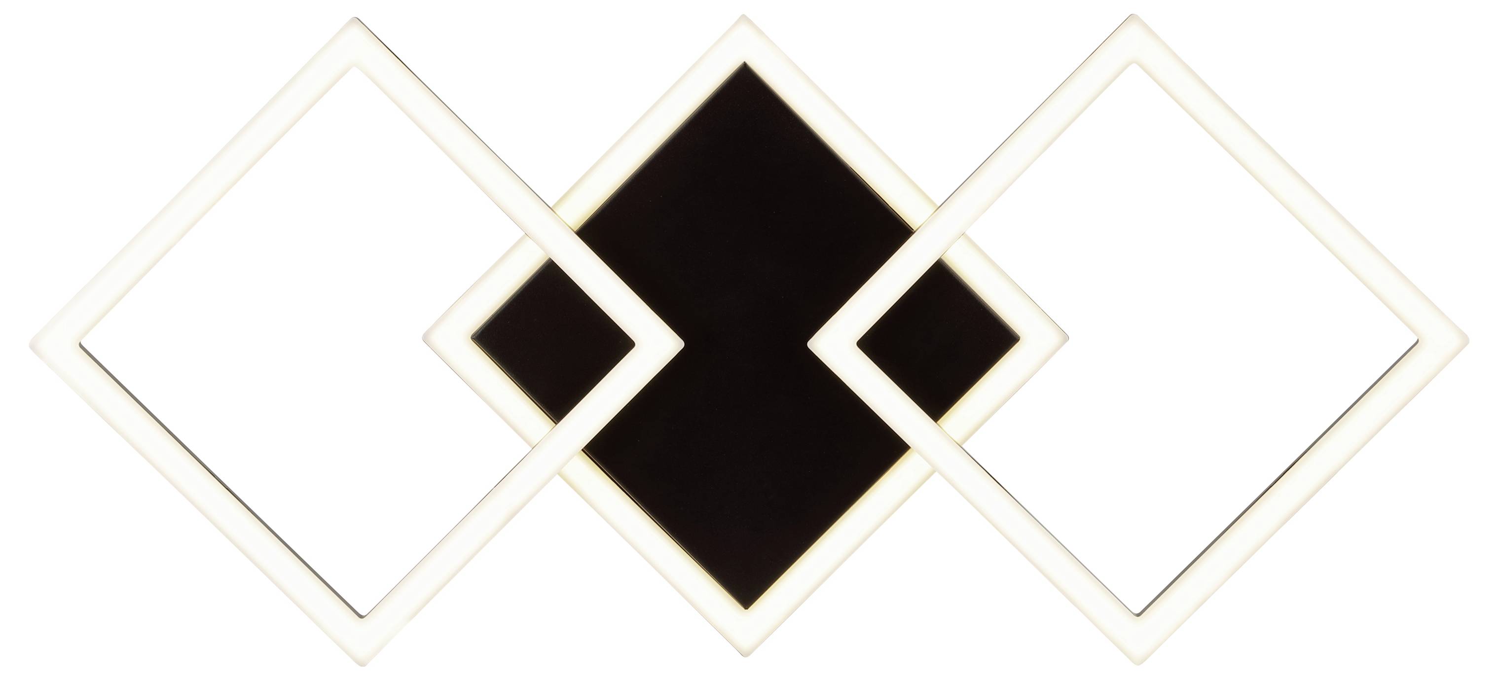 Tre overlappende diamantomrids med en solid sort diamant i midten, danner et symmetrisk geometrisk logo på en hvid baggrund.
