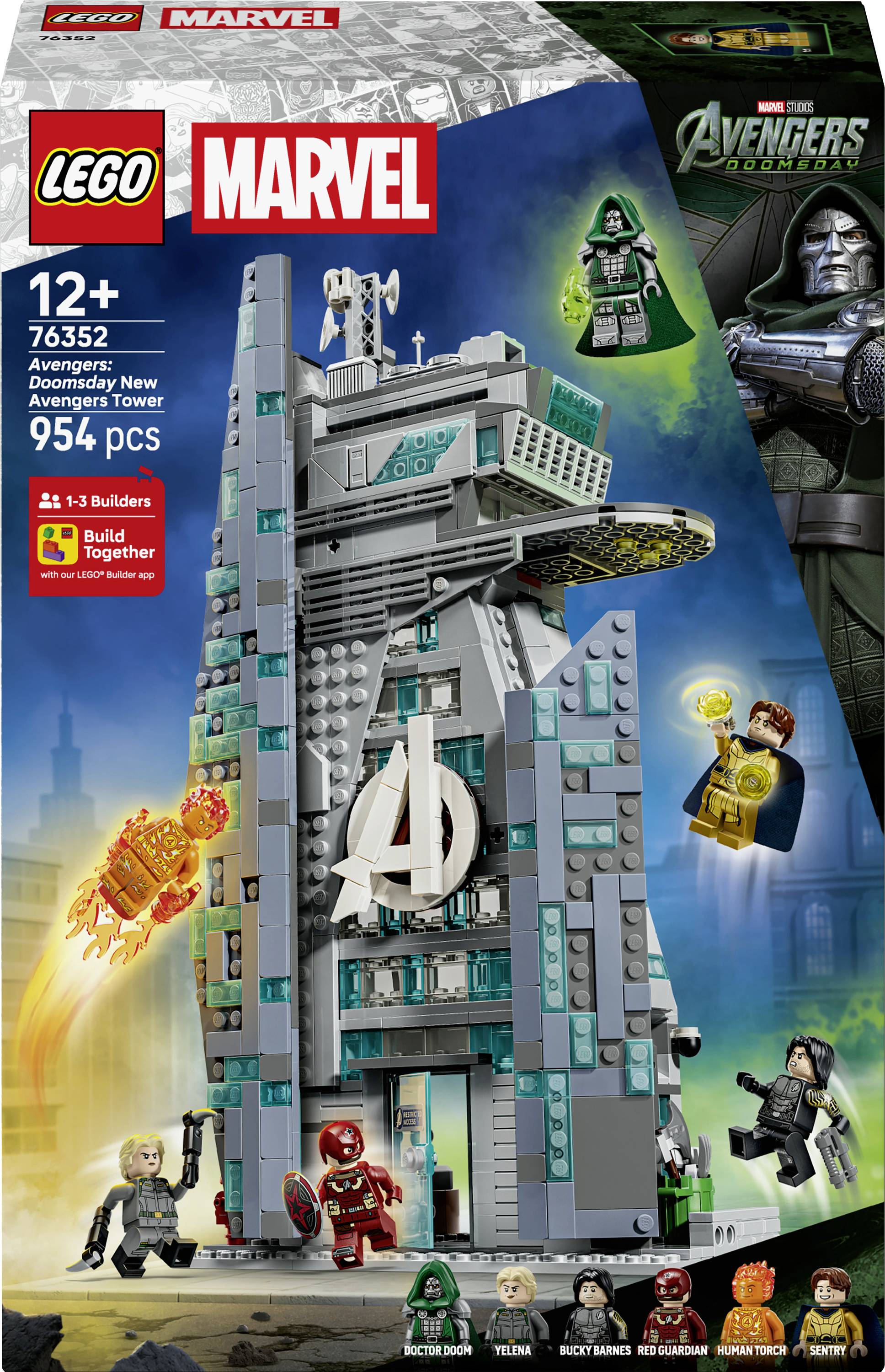 LEGO Marvel Avengers 'Adventures' sæt æskebillede viser Avengers Tower med minifigurer; 12+, 76352, 954 brikker.