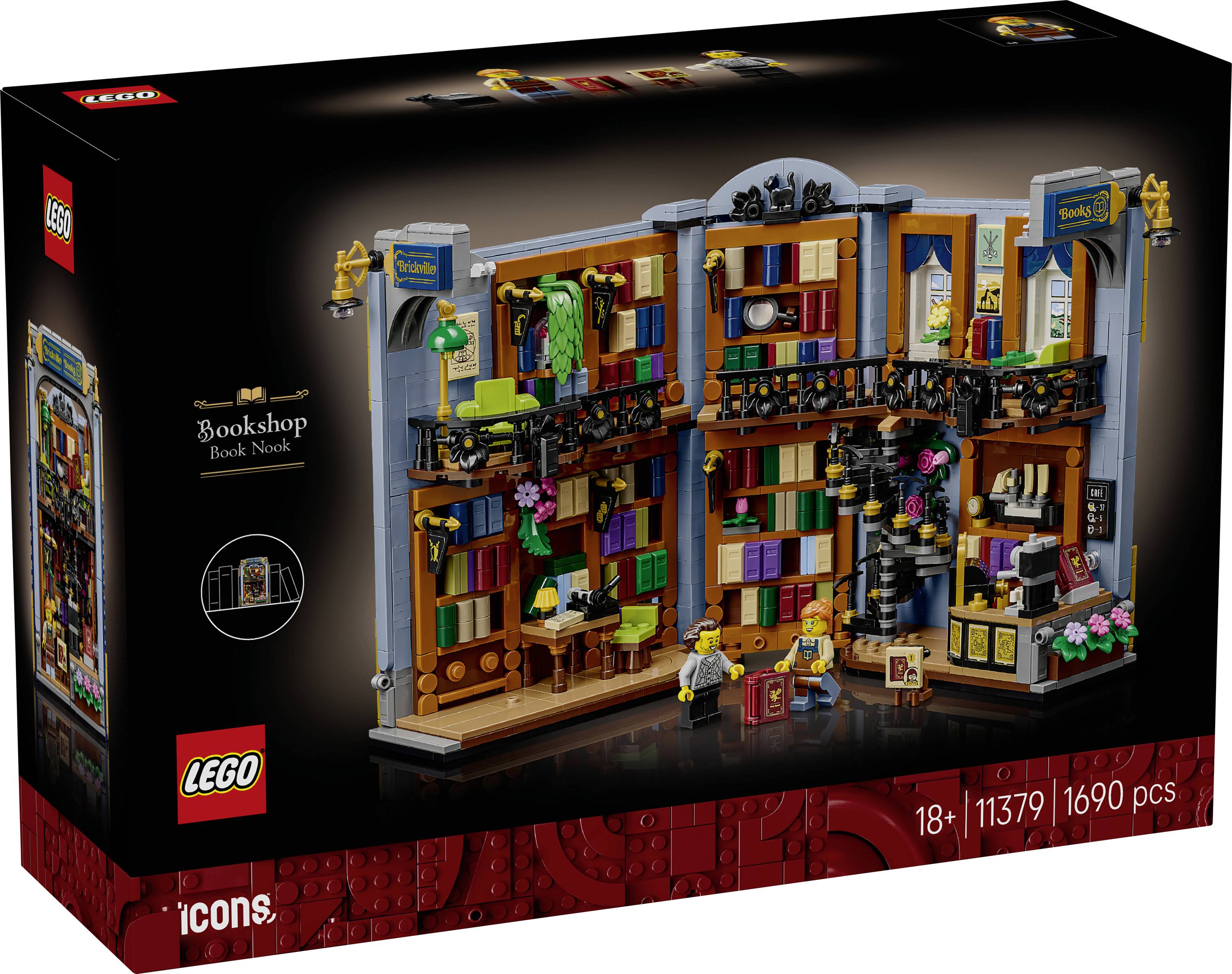 LEGO Icons 'Boghandel' sæt kasse viser et detaljeret modulært boghandelss- og boghandels-lejlighedsbygningssæt, mærket 18+, 11379, 1690 stk.