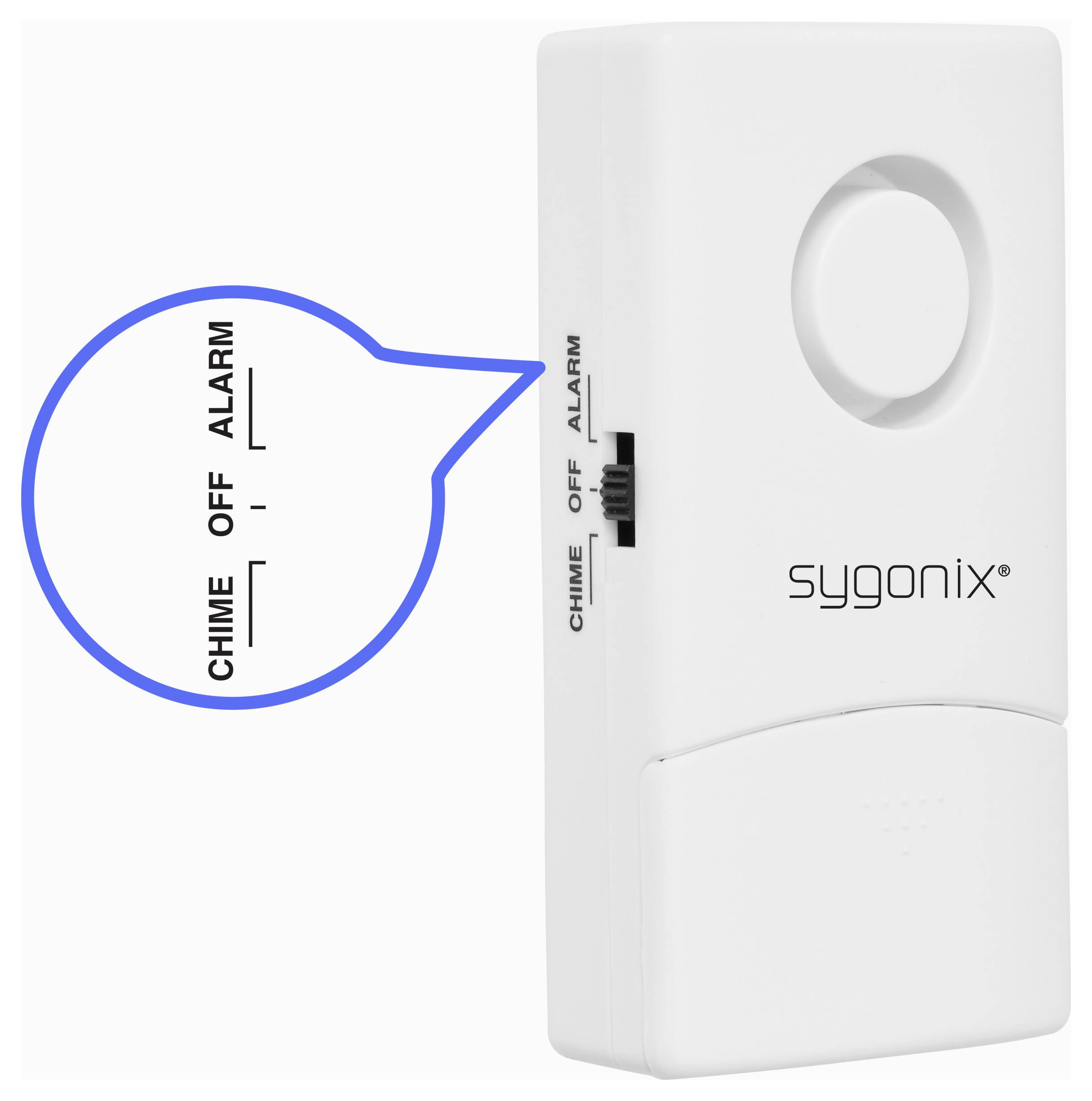 Hvid Sygonix dør-/vinduesalarm med en sideskyder mærket 'CHIME', 'OFF' og 'ALARM', vist i close-up med en fremhævet billedtekst af kontakten.