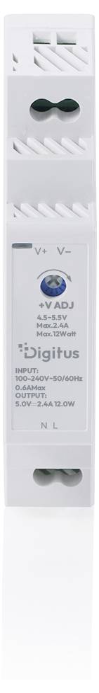 Hvid Digitus DIN-skinne strømforsyningsmodul mærket V+ og V-, med justeringsdial og grønne terminalåbninger.