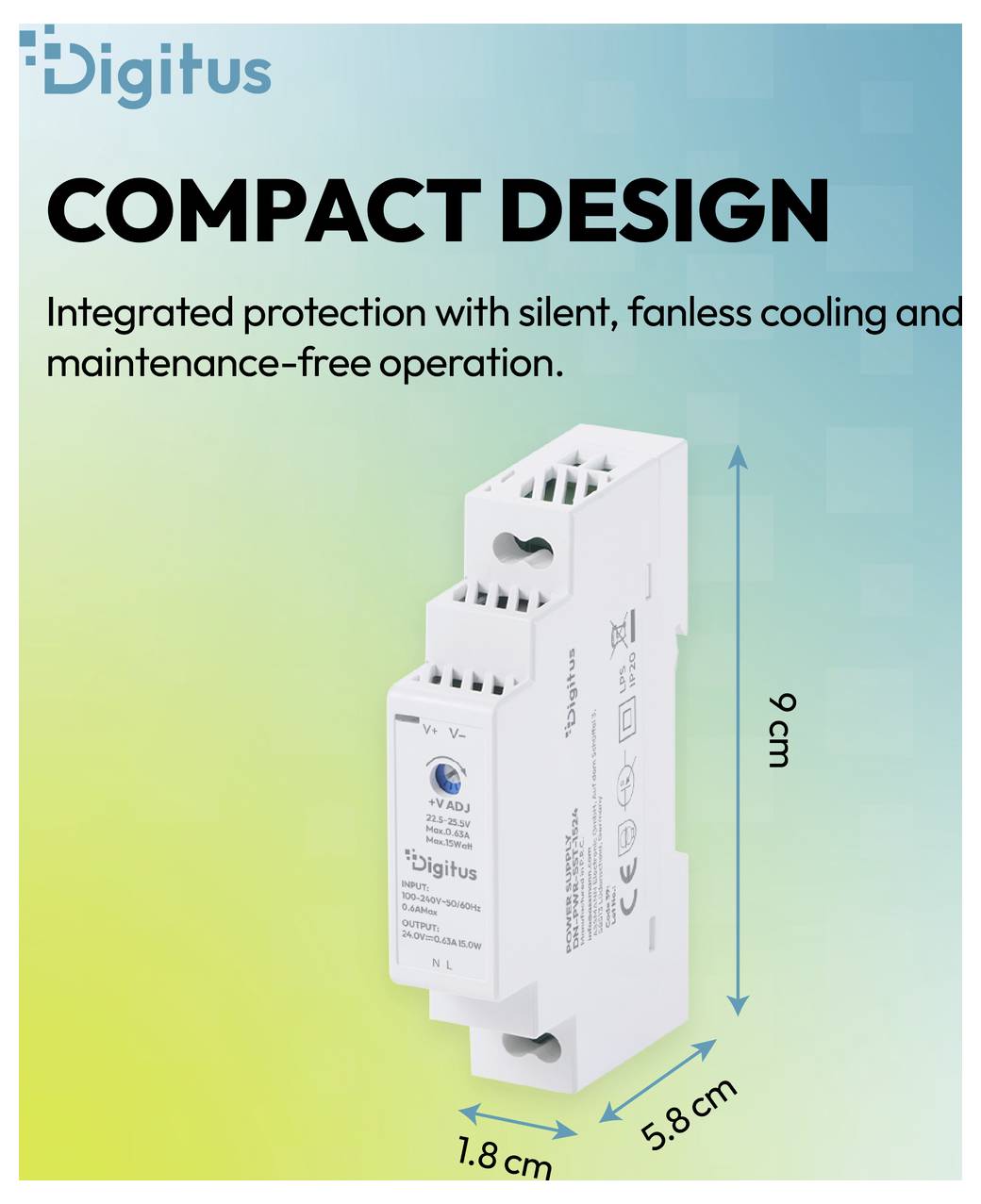 Digitus produktannonc, der viser en kompakt designet elektrisk enhed med stille, ventilatorløs køling; dimensioner mærket 9 cm høj, 5,8 cm dyb og 1,8 cm bred.