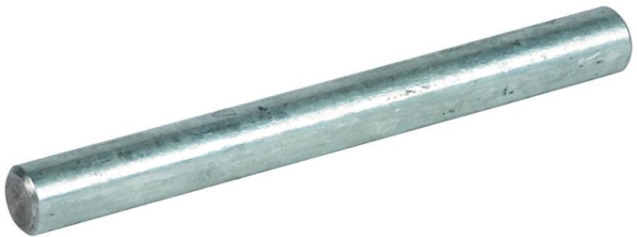 En lang metalcylinderskinne liggende diagonalt på hvid baggrund.