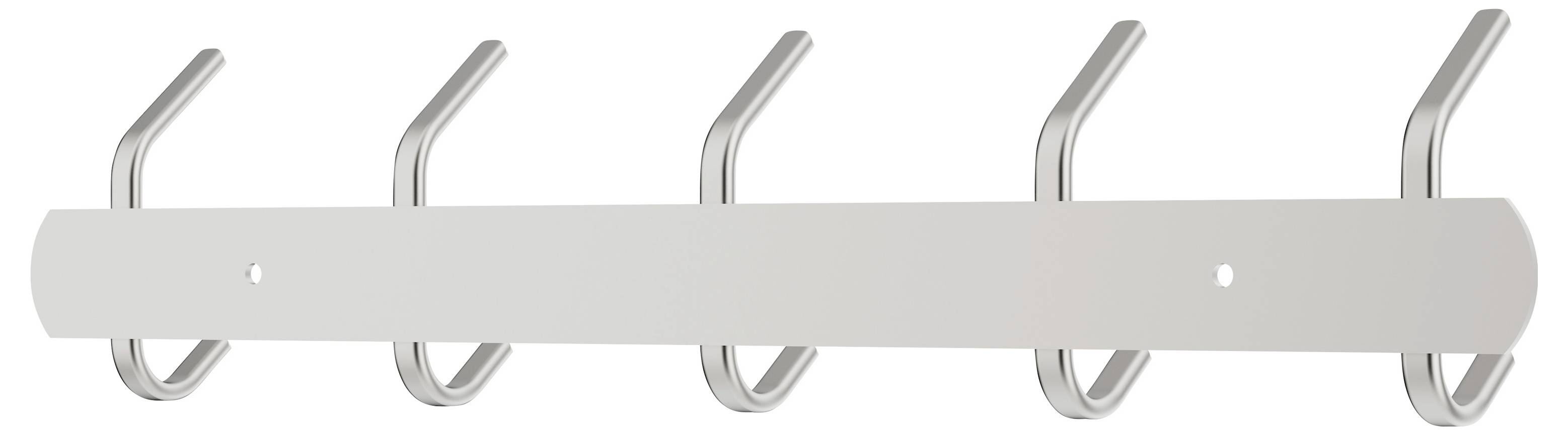 Væghængt metalkrageholder med fem buede kroge på en lysegrå vandret stang.