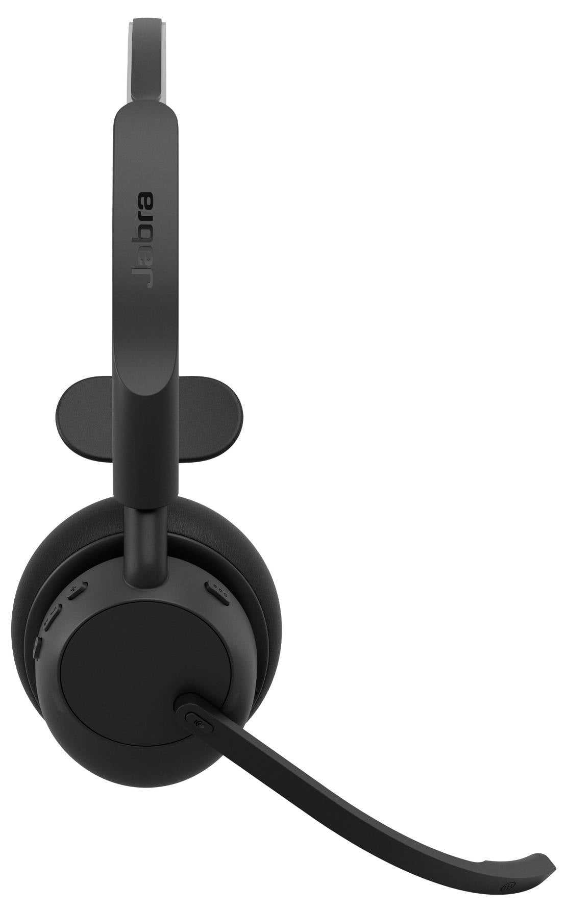 Sort Jabra over-ear headset med mikrofon-boom, vist forfra på hvid baggrund.