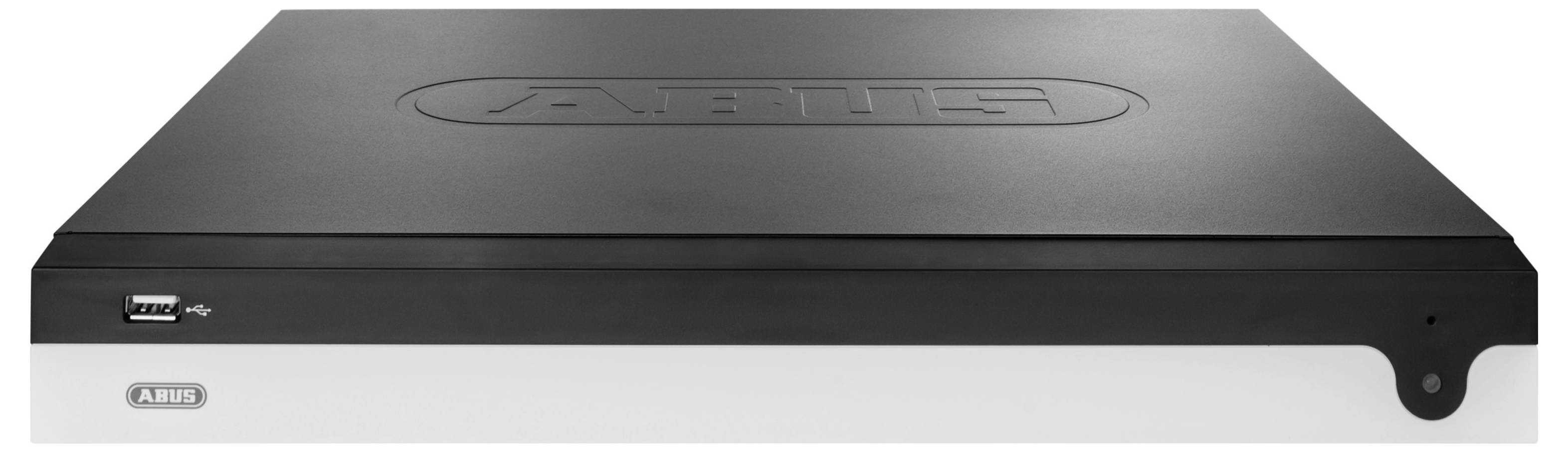 Frontview af en sort og sølvfarvet ABUS sikkerhedsenhed med USB-port og ABUS-logo på frontpanelet.