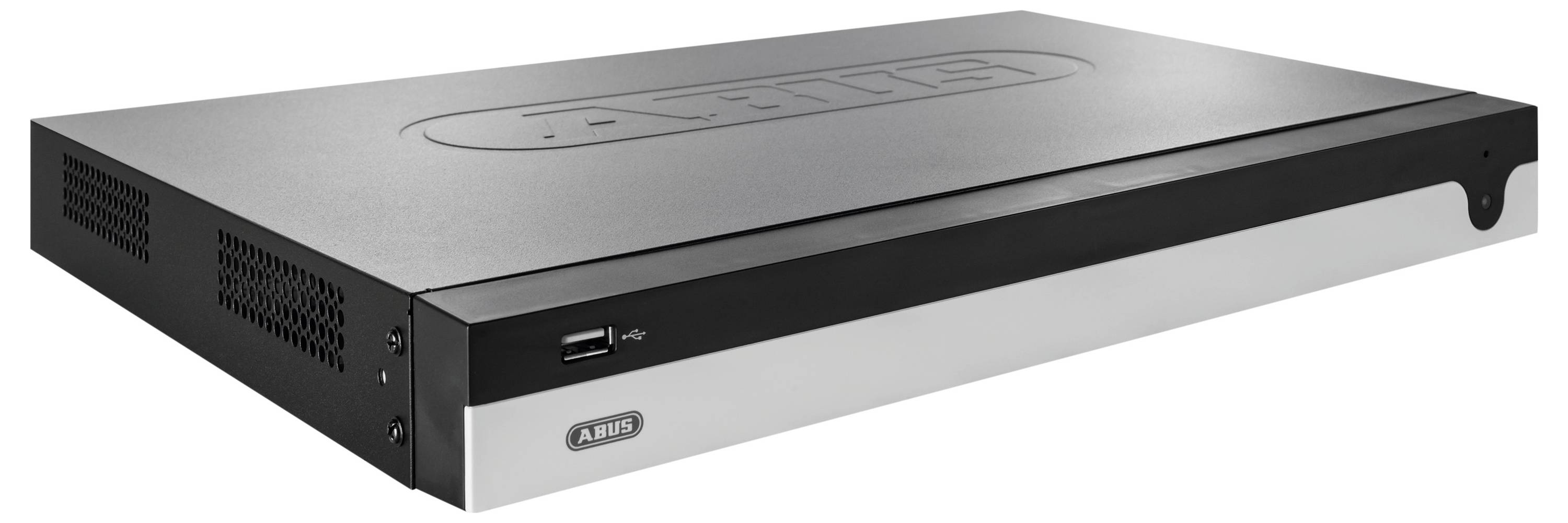 Sort og sølv ABUS sikkerhed DVR-optager med USB-port på forsiden og ventilerede sider, vist på hvid baggrund.