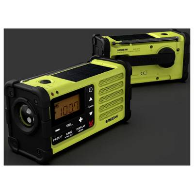 To gule og sorte Sangean bærbare radioer med lommelygte i enderne, vist forfra og bagfra på en mørk baggrund.