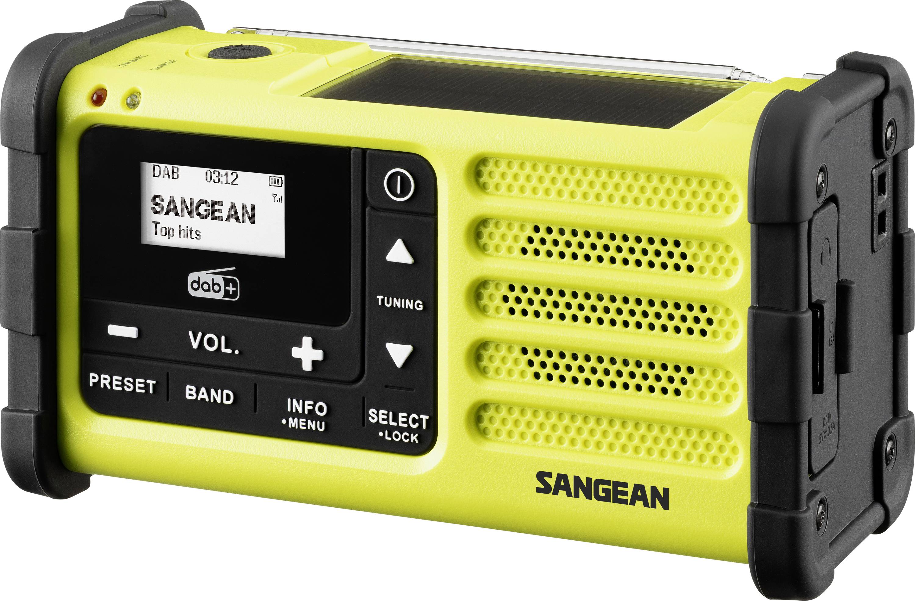 Nødradio Sangean SNR-88 FM, AM, DAB+ genopladelig, Solcellepanel, Håndsving Fluorescerende gul / grøn