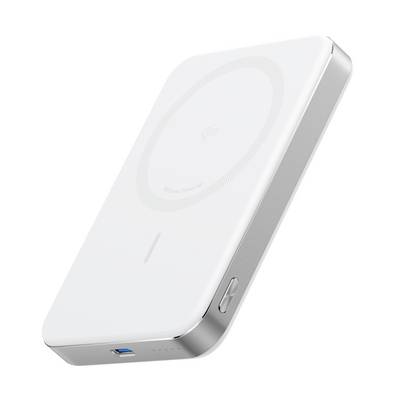 Hvid rektangulær MagSafe-lignende trådløs powerbank med sølvkanter og USB-C-port, vist på en ensfarvet baggrund.