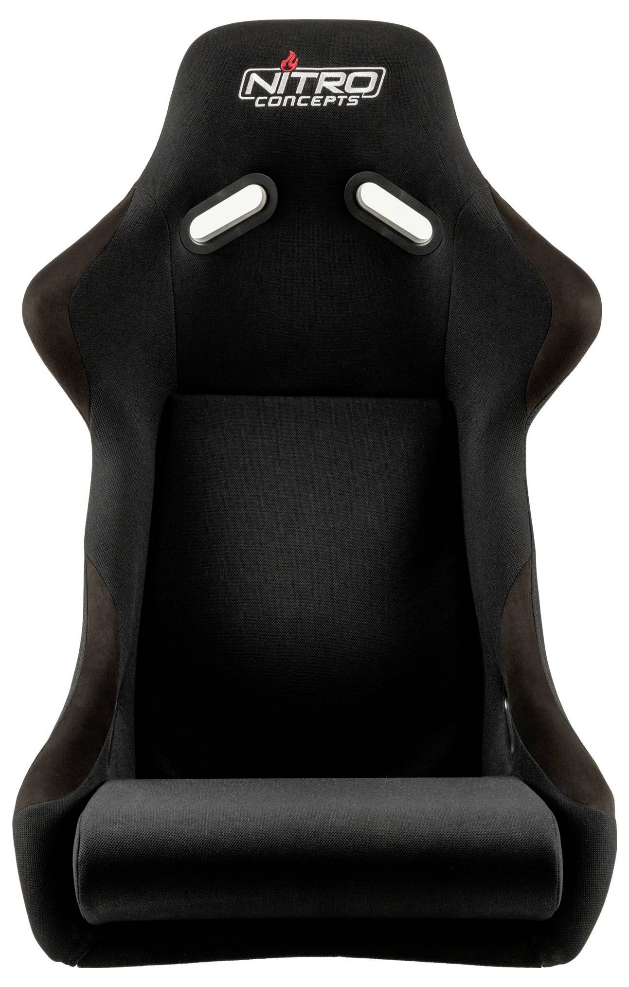 Sort Nitro Concepts racing spanderstol med integrerede hoved- og sidestøtter, vist på hvid baggrund.