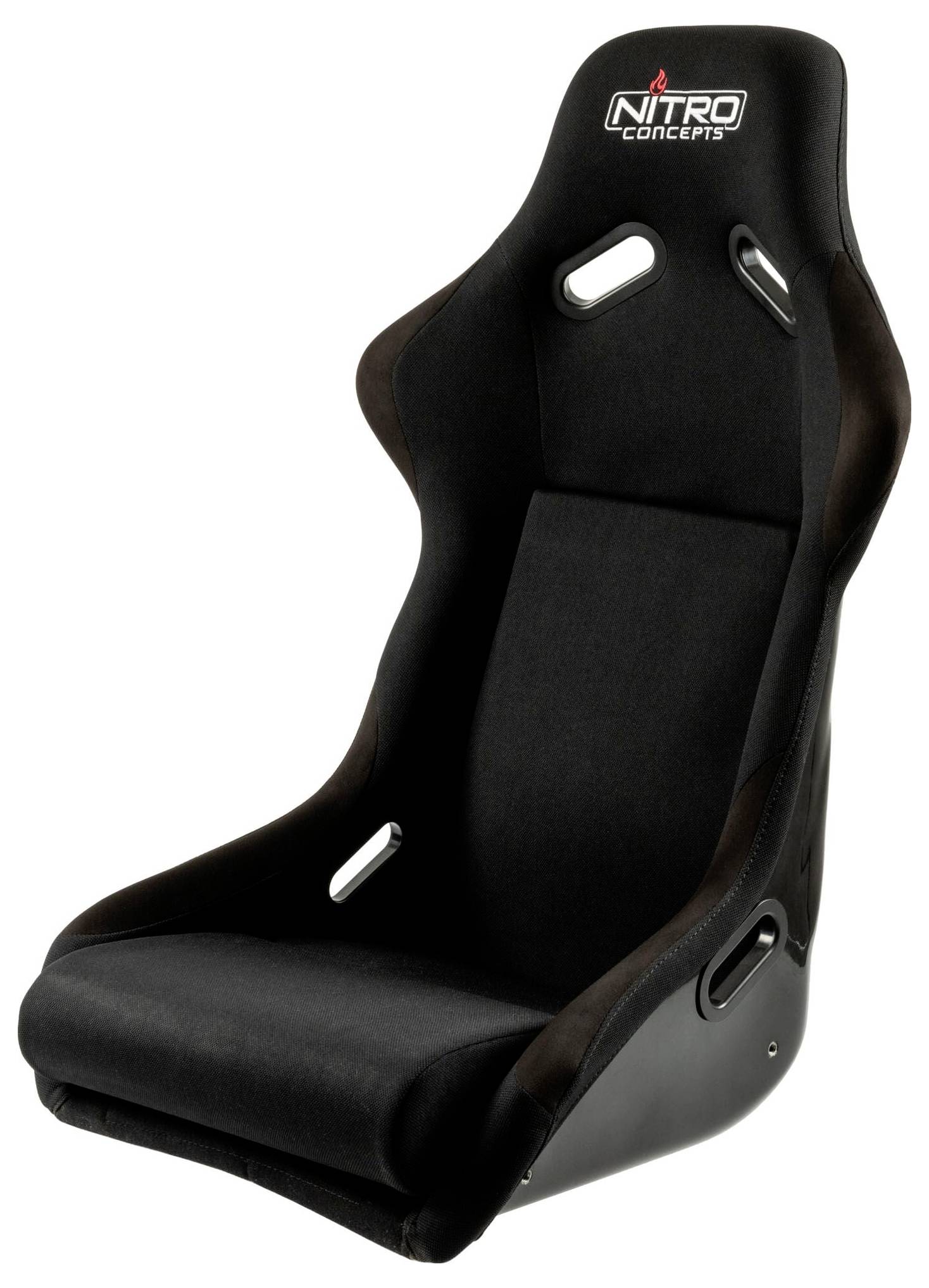 Black Nitro Concepts racingsæde med sidestøtter og selepasninger, vist isoleret på hvid baggrund.