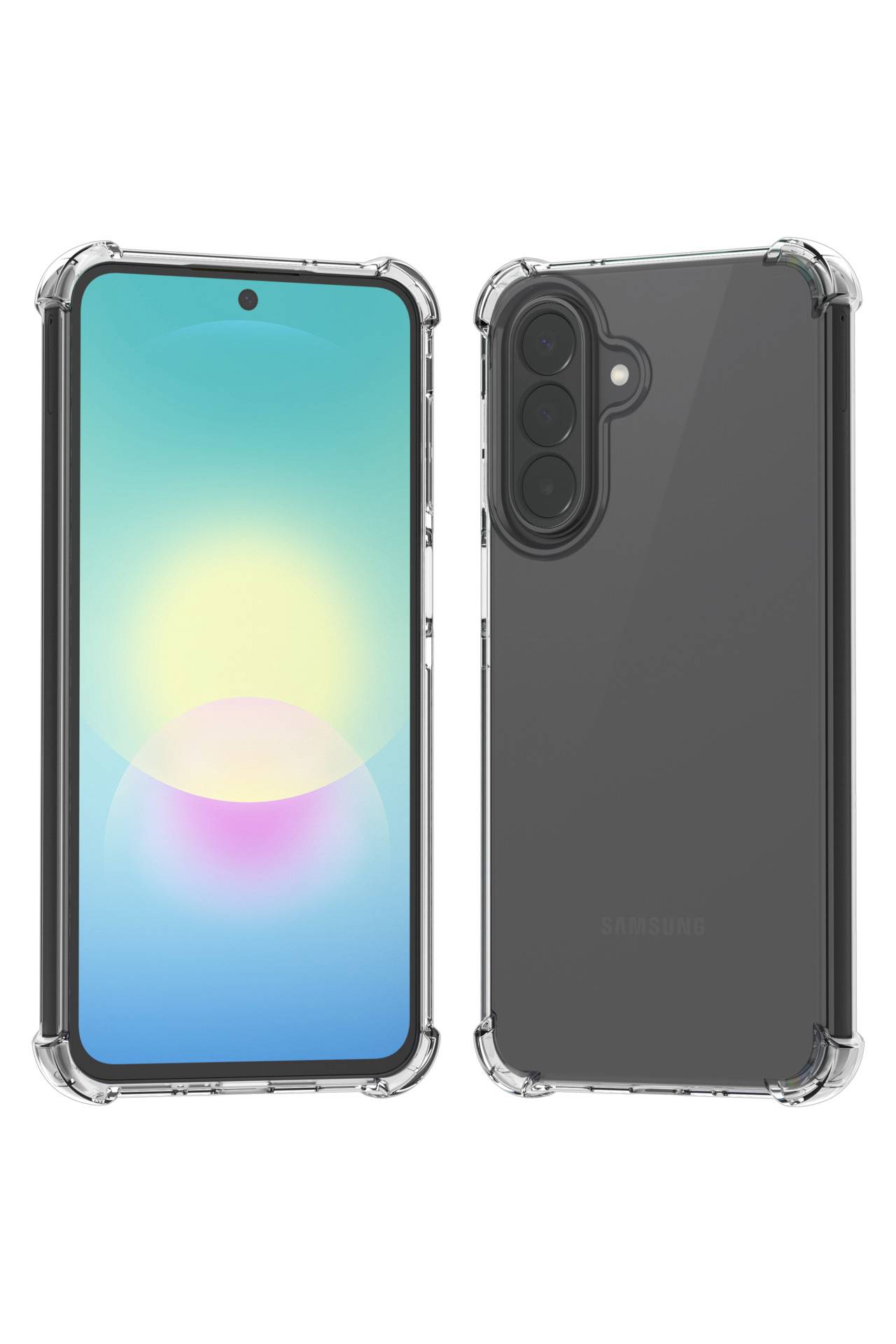 Klar beskyttelsessmartphonecover vist på for- og bagsiden af en Samsung-telefon, med hævede hjørner og en udskæring til bagkameramodulet.