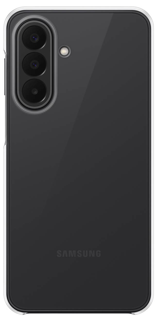 Bagside af en sort Samsung-smartphone i et gennemsigtigt beskyttelsescover, der viser et tredobbelt bagkamera og blitz.