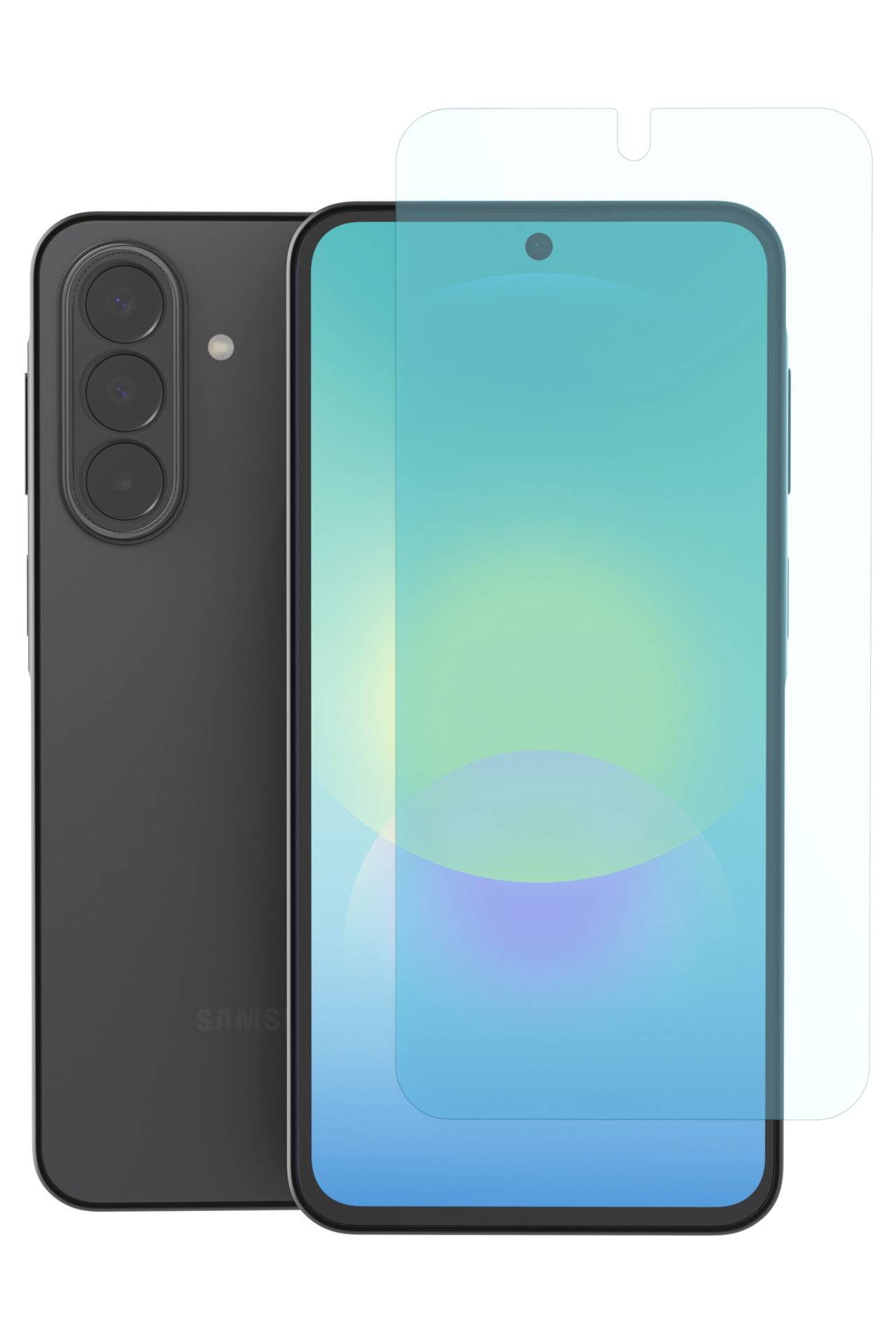 Front- og bagsidebillede af en smartphone med en gennemsigtig skærmbeskytter justeret over displayet.
