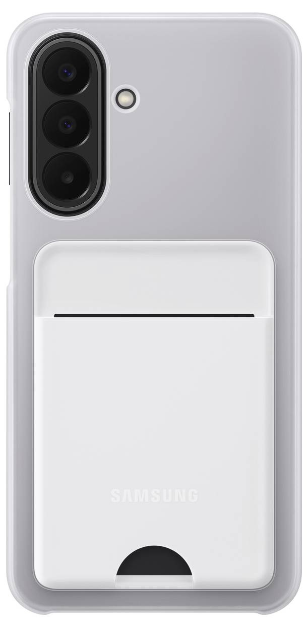 Transparent telefoncover med et hvidt kortholder fastgjort til bagsiden af en Samsung-telefon, der viser det bageste kameramodul.