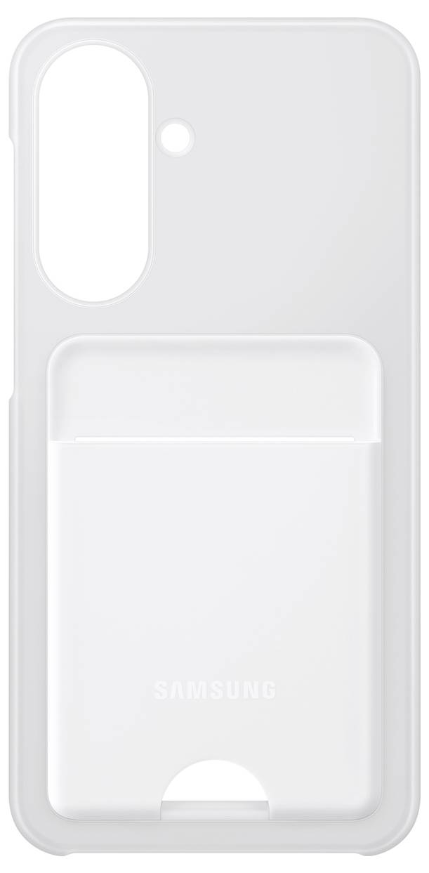 Gennemsigtig Samsung-telefoncover med indbygget kortholderolka og kamerasnit, vist bagfra.