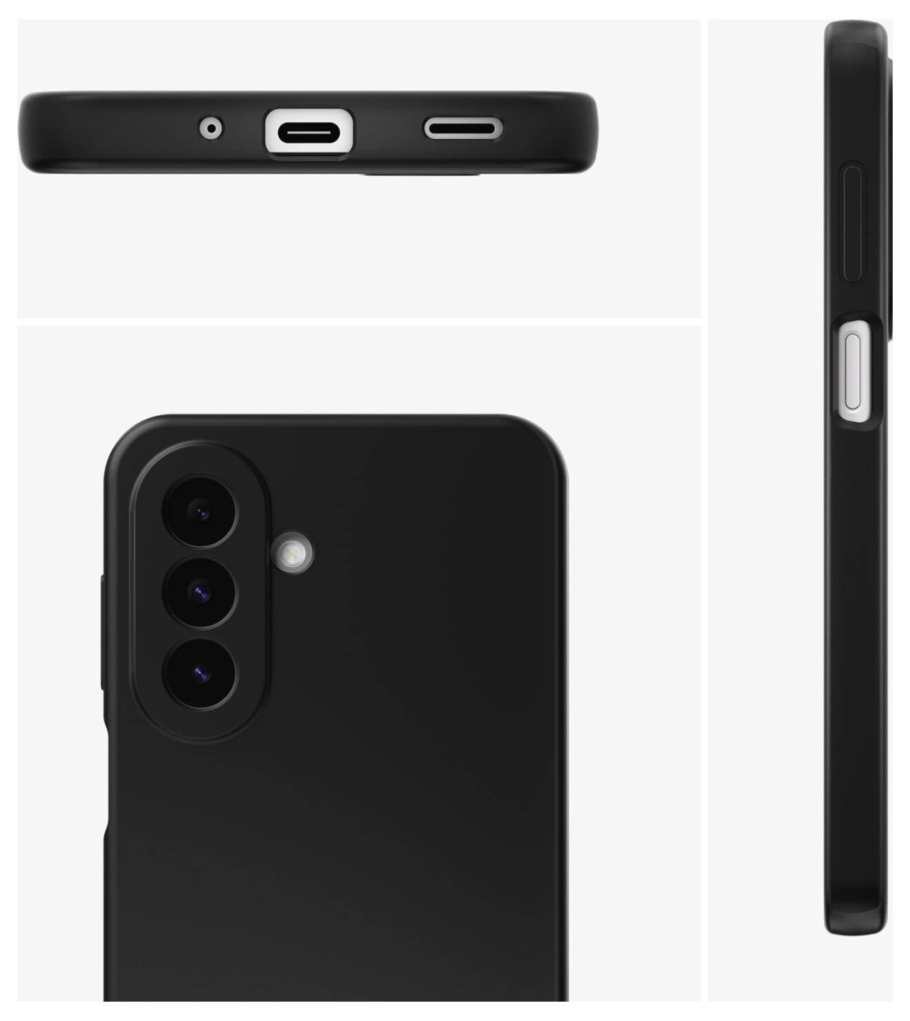 Sort smartphoneetui vist fra forsiden, bagsiden, toppen og siden, med en tredobbelt bagkamerahul og åbning til sideknap.