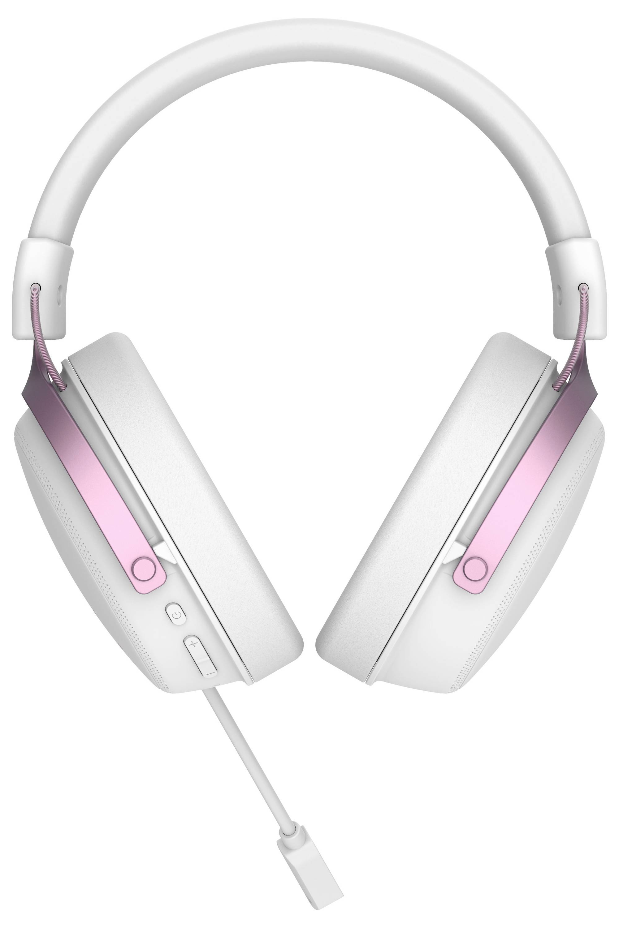 Hvide over-ear høretelefoner med rosa accenter og et aftagelig kabel på en ensfarvet baggrund.