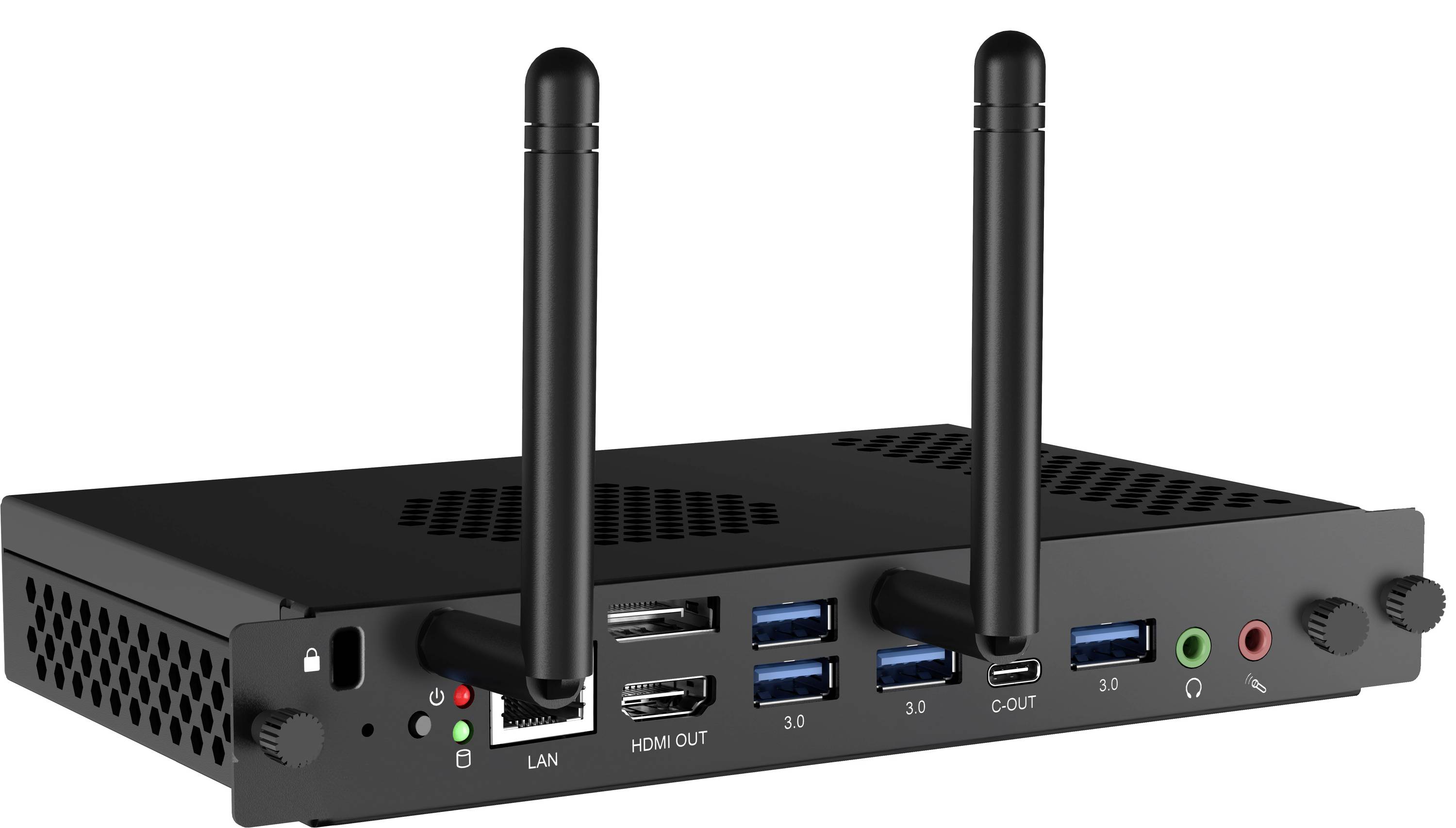 Sort mini PC med to Wi-Fi-antenner, USB- og HDMI-porte på forsiden og hovedtelefon-/mikrofonstik på et ventileret kabinet.