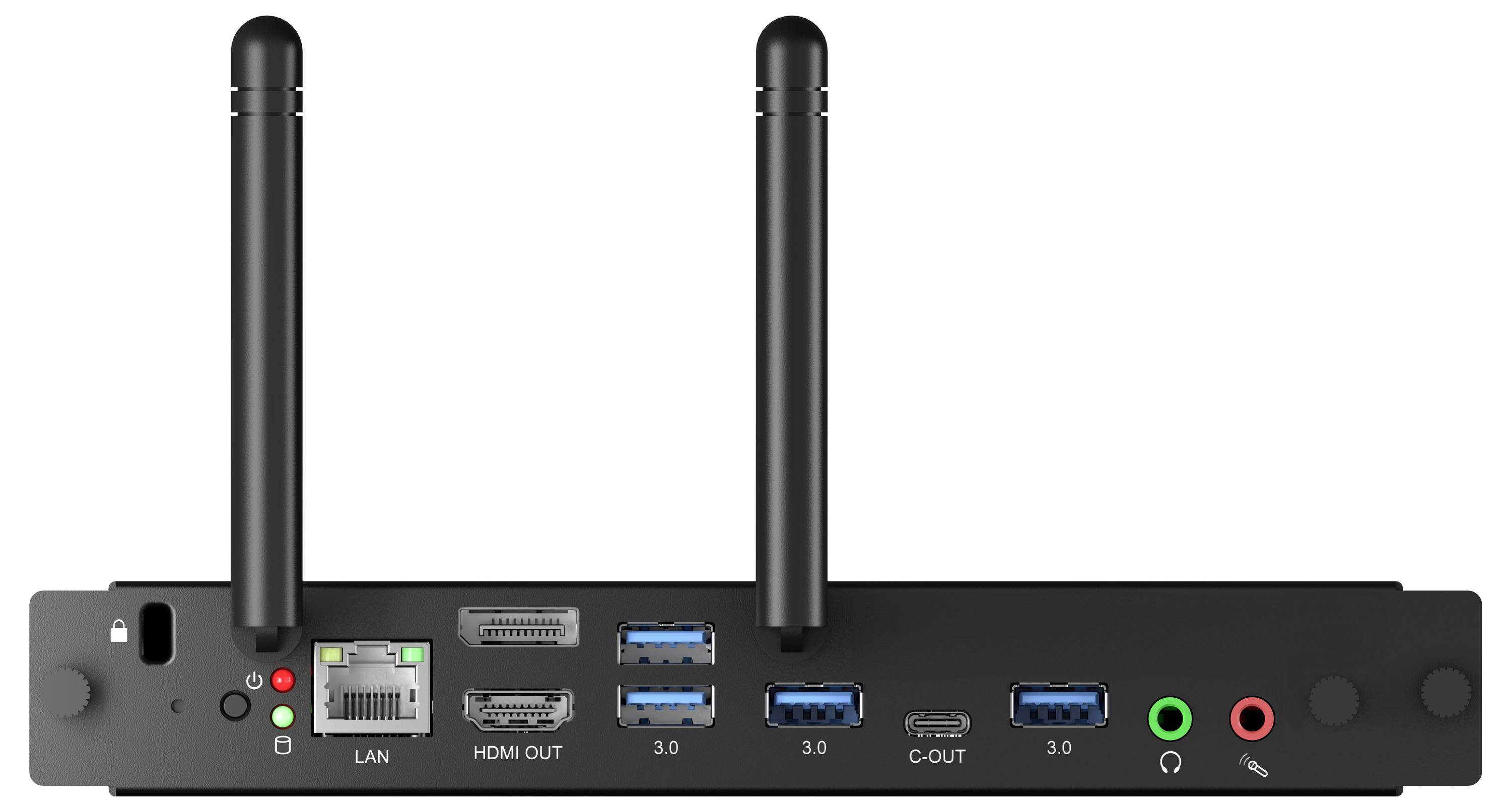 Bagside af en sort dockingstation med to antenneagtige stænger, som viser LAN-, HDMI-ud-, USB 3.0-, C-ud-, hovedtelefon- og mikrofonporte.