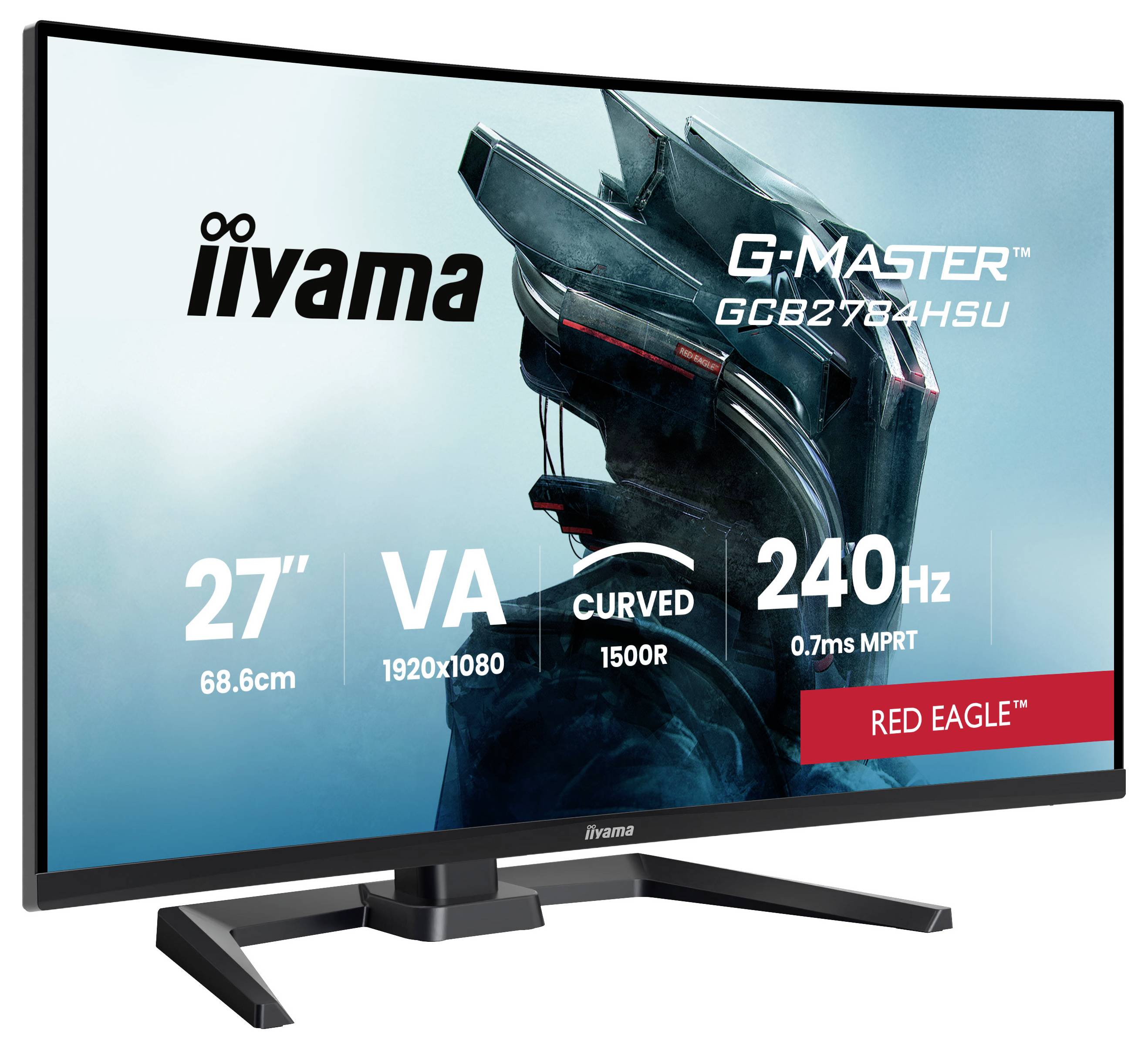 Produktbillede af en Iiyama G-MASTER GCB2784HSU gaming-monitor, der viser en 27-tommer buet VA-skærm, 1920x1080 opløsning, 240Hz opdateringshastighed og "Red Eagle"-branding.